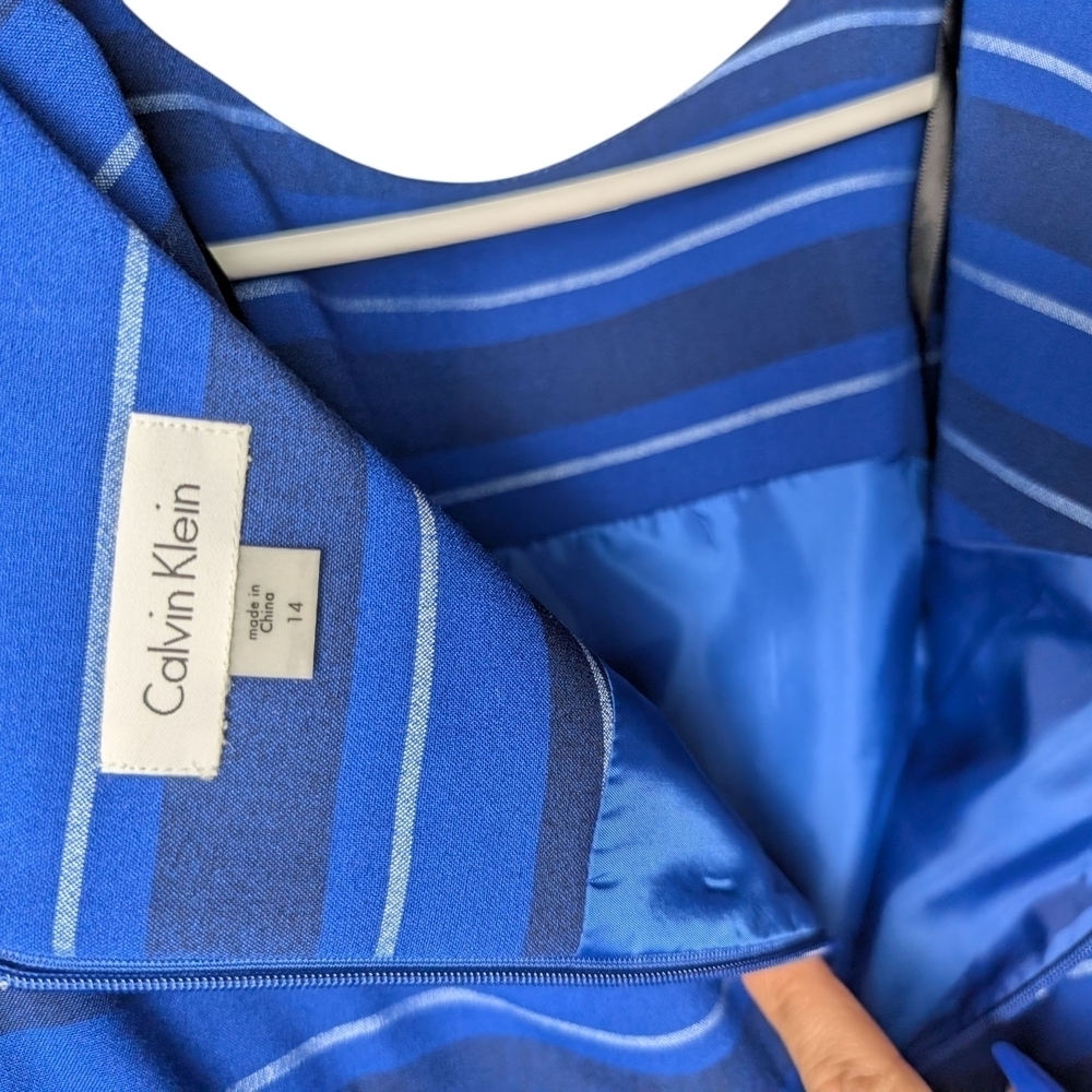 New Calvin Klein Blue White Striped Sleeveless Midi Dress Belt Business Class - Picture 7 of 11